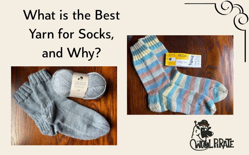 Photo of two finished socks with a ball of yarn