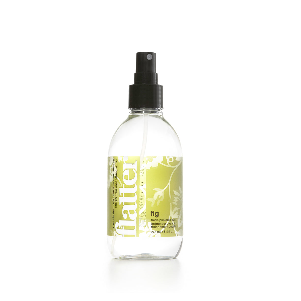 Clear spray bottle with black nozzle on a white background