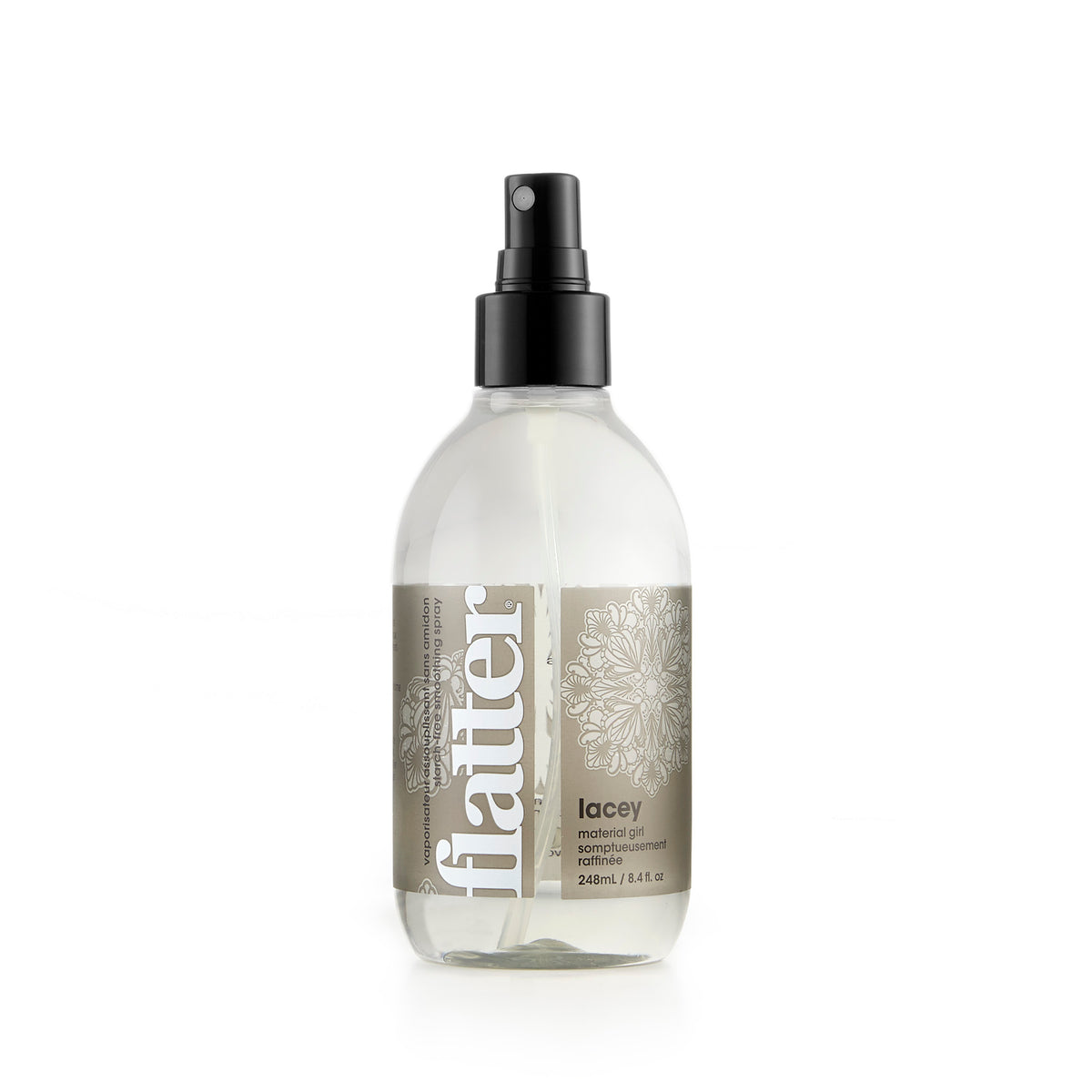 Bottle of flatter lacyy product on a white background