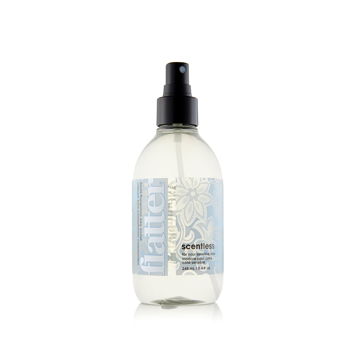 Clear spray bottle with black nozzle on a white background