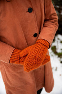 image of knit mittens being worn on hands.  can not see persons face