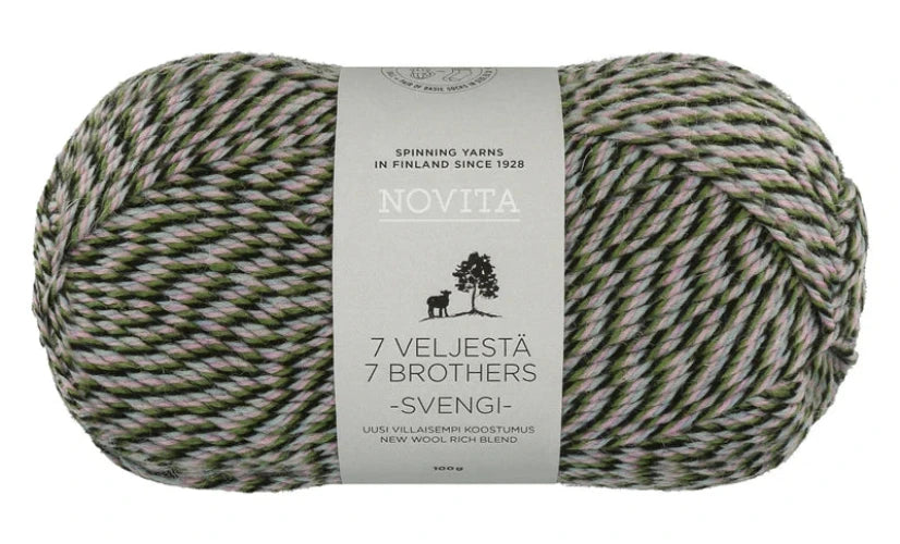 A skein of Novita 7 Brothers (Svengi) yarn, featuring a textured blend of olive green, pink, black and white twisted plies with a white paper label in the center.