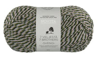 A skein of Novita 7 Brothers (Svengi) yarn, featuring a textured blend of olive green, pink, black and white twisted plies with a white paper label in the center.