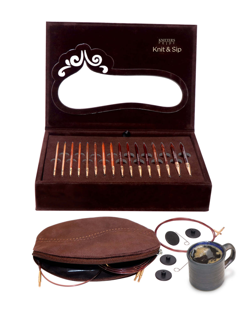 Knitter's Pride Knit & Sip Gift Set - full case open with accessories showing