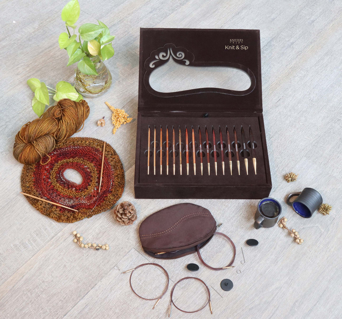 Knitter's Pride Knit & Sip Gift Set - case open with accessories being used