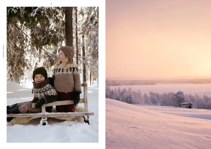 Split image with two children on a sled on the left wearing knit sweaters and the right image is of a winter scene.