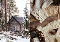 A split-screen lifestyle image. The left side shows a rustic wooden cabin in a snowy pine forest.