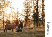 A woman kneels in a grassy field at golden hour, touching a sheep beside her, with tall trees in the background. The word 'Patterns' appears vertically along the right edge.