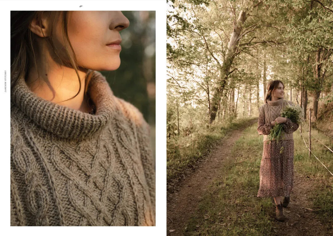 A split-screen lifestyle image showing a woman in a cozy, textured cable-knit turtleneck sweater on the left, and walking down a sunlit forest path in a long patterned dress holding greenery on the right.