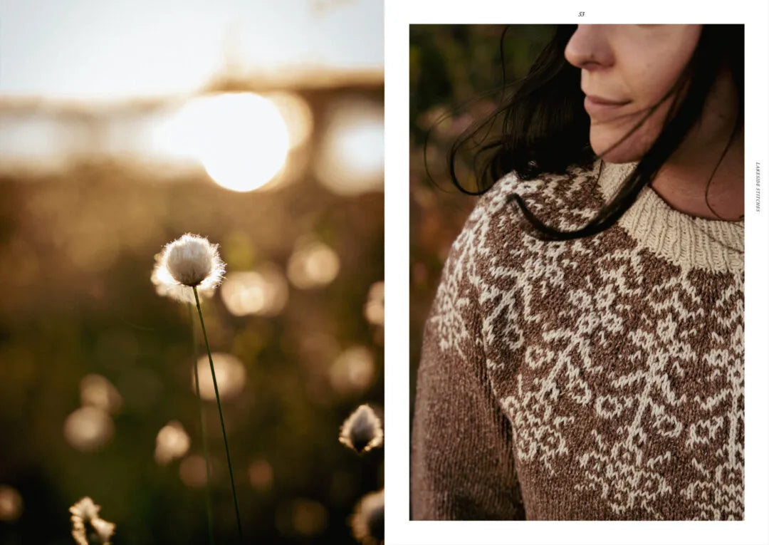 split image with a blurry field on the left and the right has a close up of the upper body on a woman wearing a knit sweater.