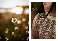 split image with a blurry field on the left and the right has a close up of the upper body on a woman wearing a knit sweater.
