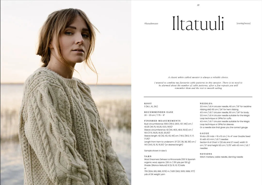 Image of a woman wearing a knit sweater and some initial pattern details on the right.  Title Iltatuuli.