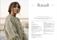 Image of a woman wearing a knit sweater and some initial pattern details on the right.  Title Iltatuuli.
