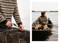 A split-panel lifestyle photograph showcasing a man wearing a traditional Norwegian knit sweater and a brown beanie while rowing a small boat on calm water, alongside a close-up of his hands holding a fishing net.