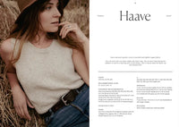Woman in a beige sleeveless top and jeans sitting in hay with text on the right side.