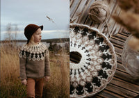 Split images - child on the left wearing a knit sweater outdoors,  on the right there is a close up of a knit yoke.