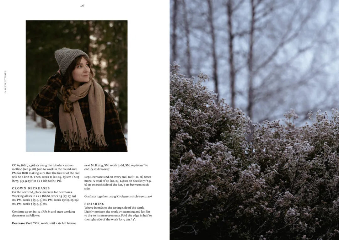 A two-page spread from a printed magazine or book featuring a winter lifestyle portrait on the left with a woman in a gray beanie and tan scarf, and a snowy forest scene on the right with frosted bushes and bare trees.