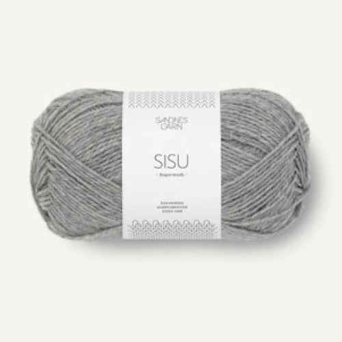 Gray skein of yarn with a label on a white background