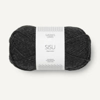 dark grey almost black ball of yarn with a label on a white background