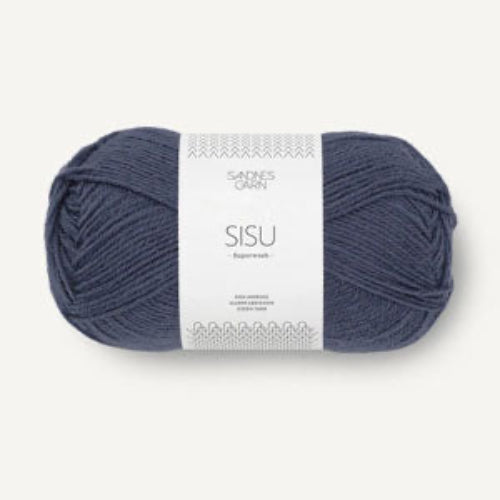 Blue skein of yarn with a label on a white background