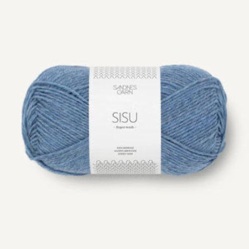 A single skein of Sisu yarn in a dusty slate blue color, wrapped with a white paper label