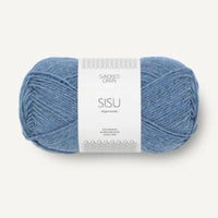 A single skein of Sisu yarn in a dusty slate blue color, wrapped with a white paper label