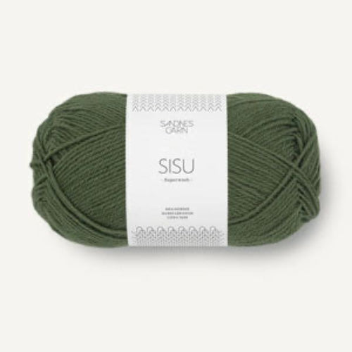 Green skein of yarn with 'SISU' label on a white background