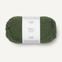 Green skein of yarn with 'SISU' label on a white background
