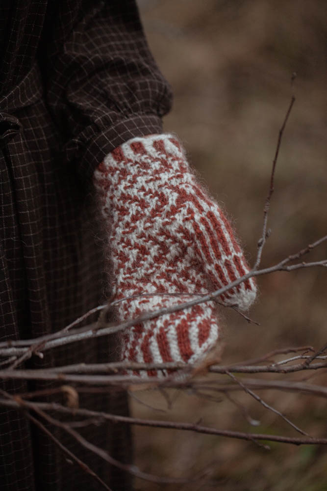 Red and white knitted glove on a branch with a blurred background