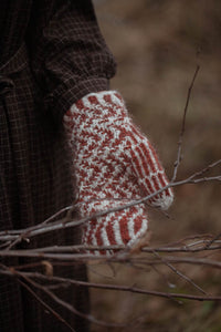 Red and white knitted glove on a branch with a blurred background