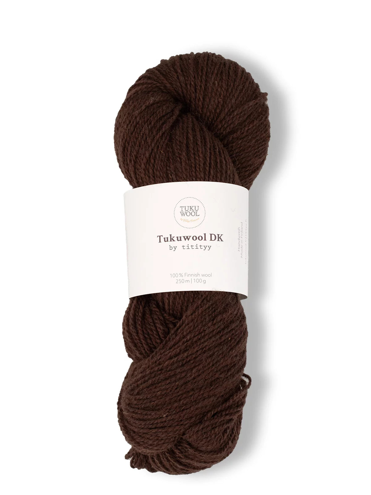 A skein of Tuku wool DK yarn in a rich dark brown color, wrapped with a white paper label that reads 'Tukuwool DK' and '100% Merino wool', set against a plain white background.