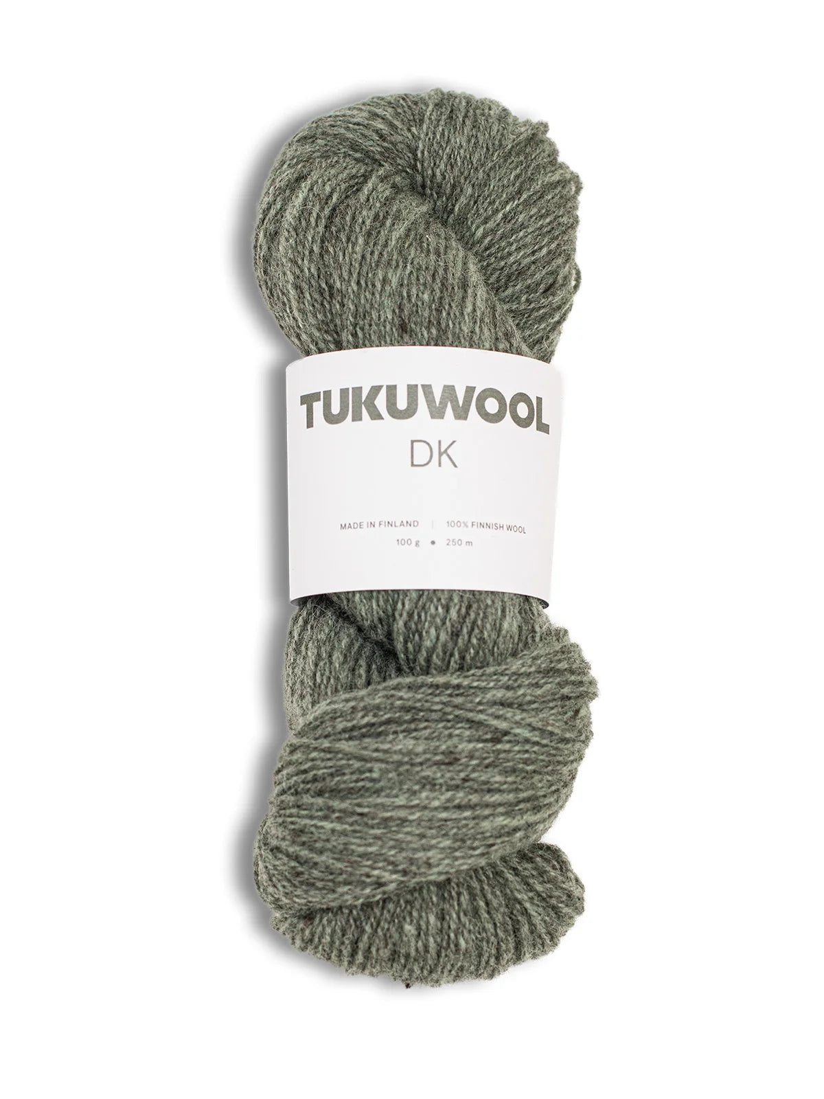 A skein of Tukuwool DK yarn in a heathered sage green color, wrapped with a white paper label, on a white background.