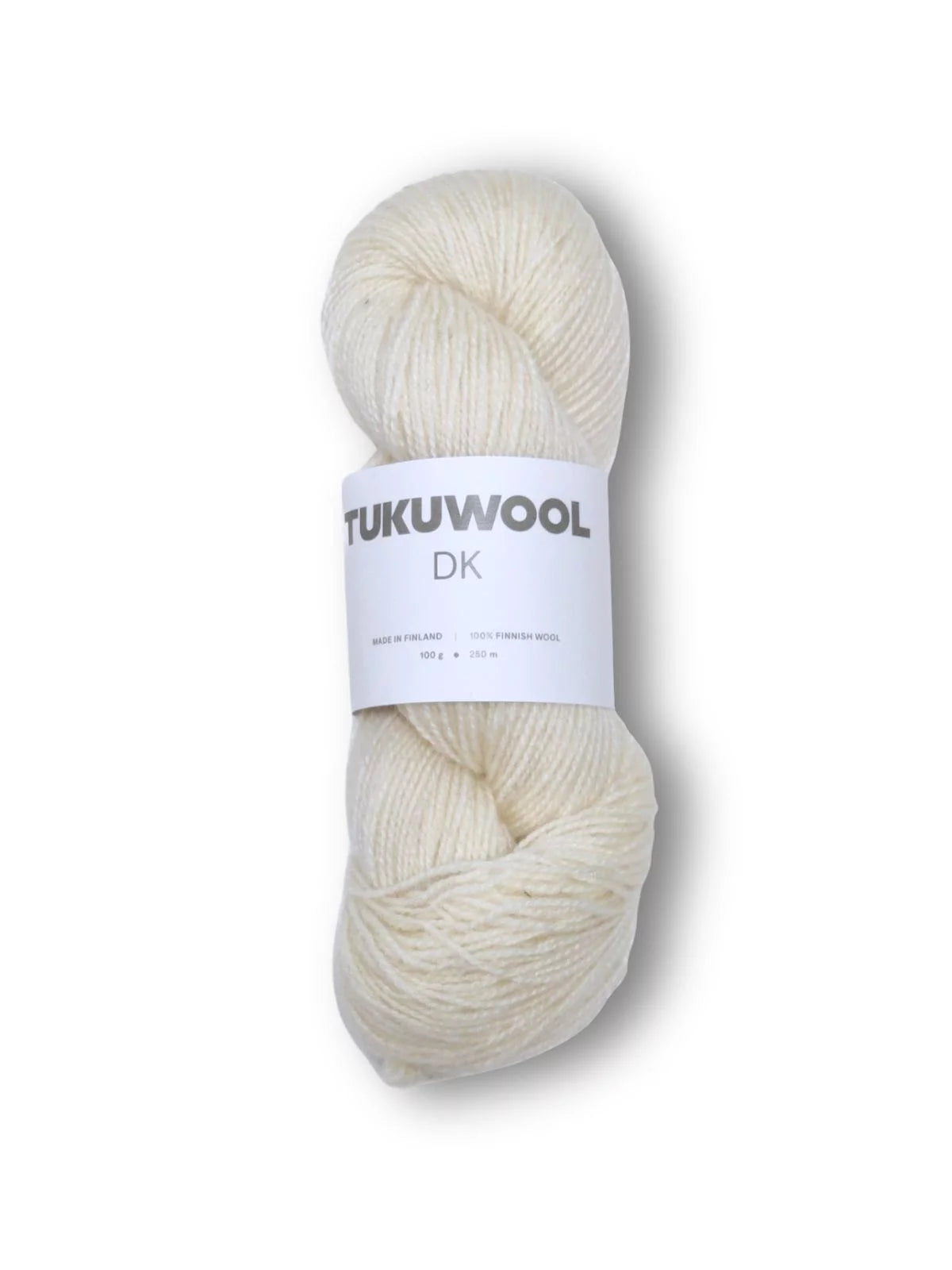 A skein of cream-colored Tukuwool DK yarn with a white paper label, centered on a white background.