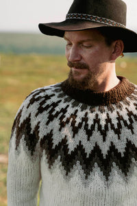 image of a colourwork knit sweater being worn on a man outside in a field.
