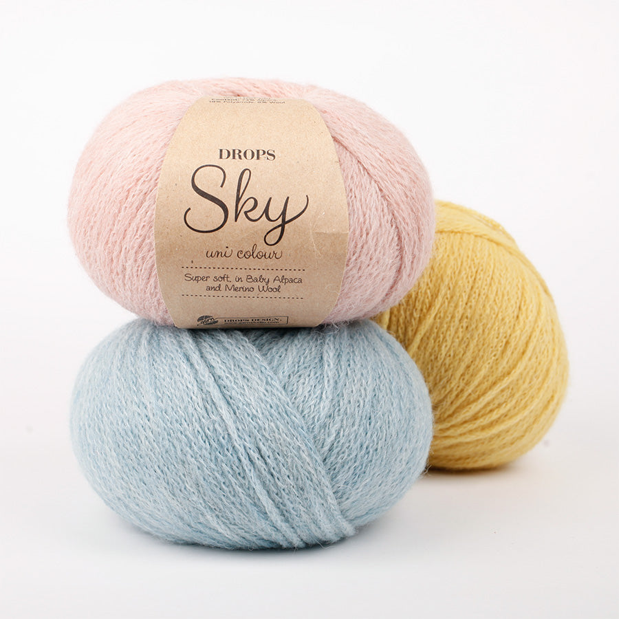 Drops Sky Yarn - three balls stacked in different colours