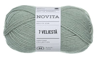 Green skein of yarn with Novita label on a white background