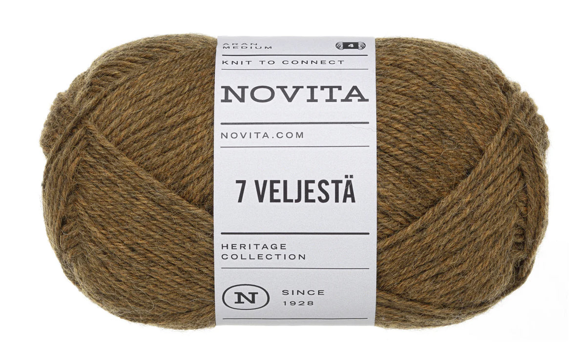 Brown yarn ball with Novita label on a white background