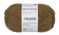 Brown yarn ball with Novita label on a white background